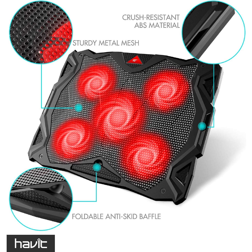 HAVIT 5 Fans Laptop Cooling Pad 14-17 Inch w LED Light, Two USB 2.0 Ports, Adjustable Stand (Black)