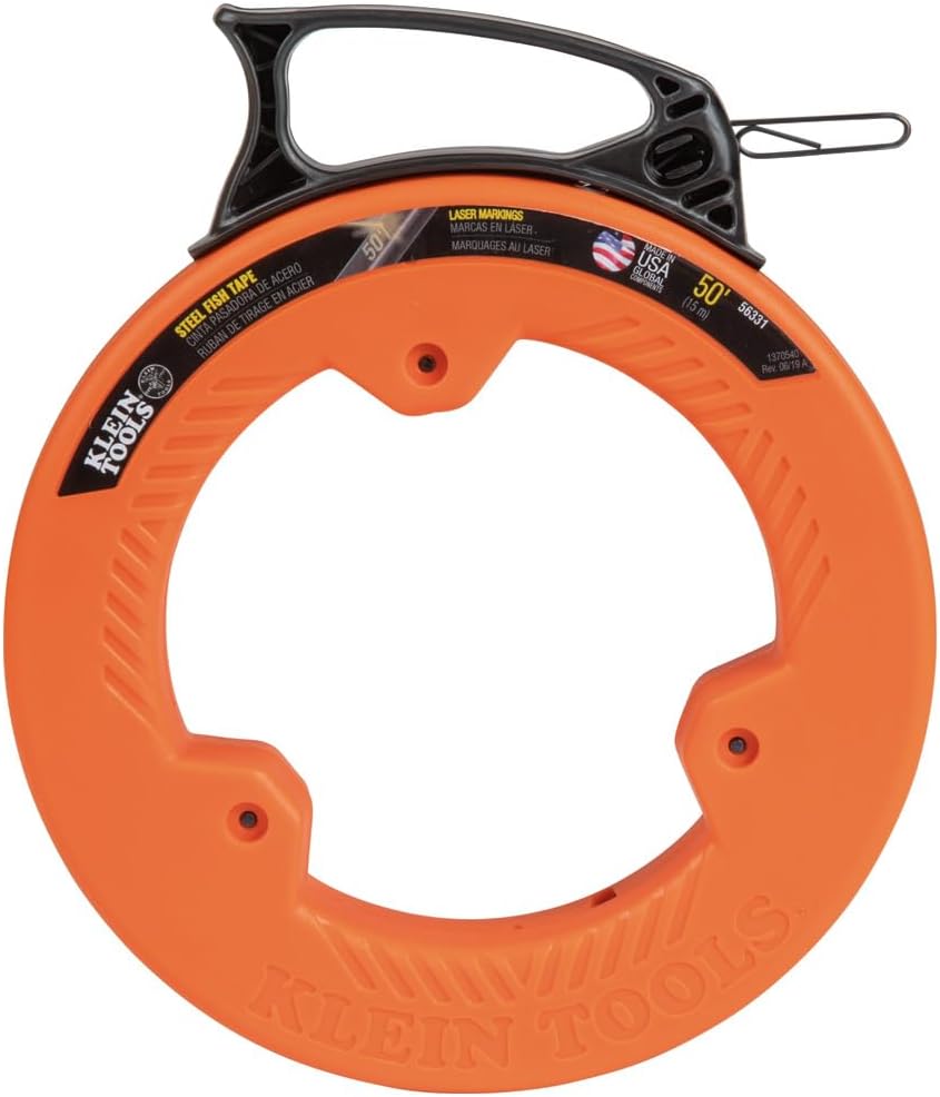 Klein Tools 50 Foot Electrical Fish Tape Steel Wire Puller with Double Loop Tip Optimized with Housing and Handle (56331)