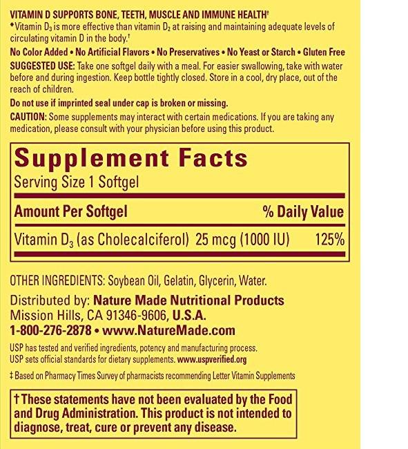Nature Made Vitamin D3 1000 IU - 100 softgels (Packaging May Vary)