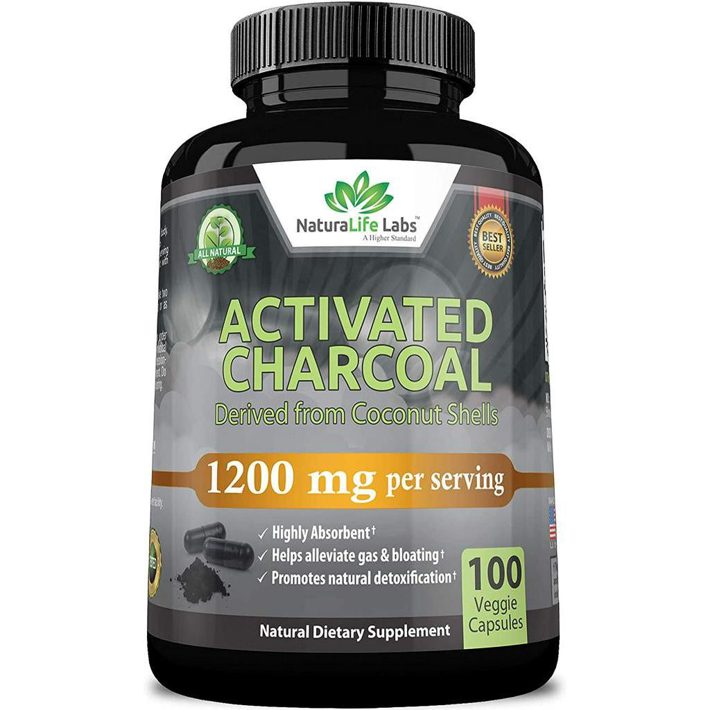 NaturaLife Labs Activated Charcoal Capsules, 1,200 mg, Derived From Coconut Shell, 100 Capsules