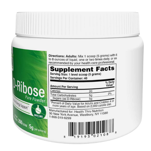 Health Thru Nutrition D-Ribose Pure Powder, Cellular Energy Support, 200g Jar