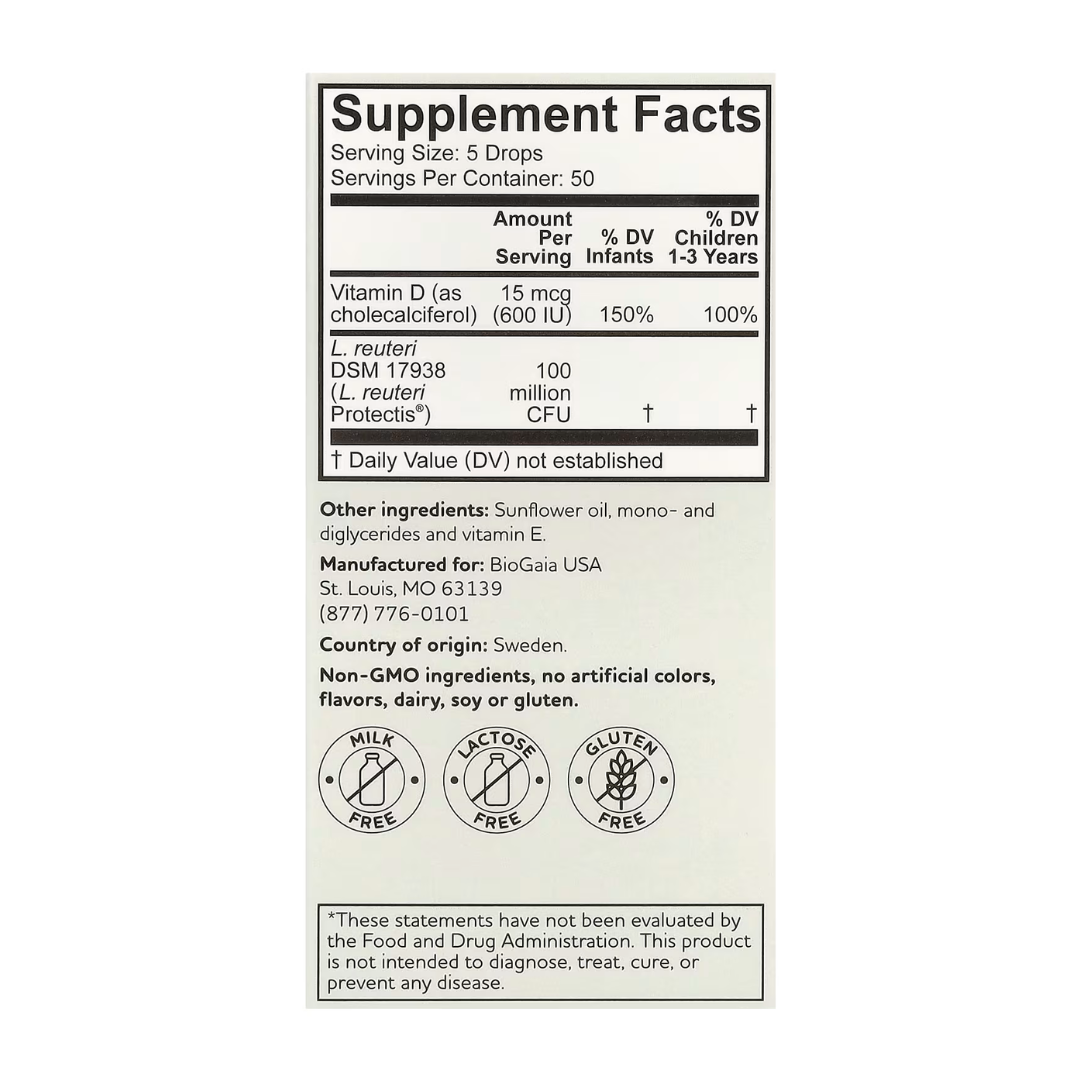 Biogaia Baby Probiotic Drops Immune Active Optimal Protection 600 IU Supplement for 0-36 Months (10ml/0.34 oz)