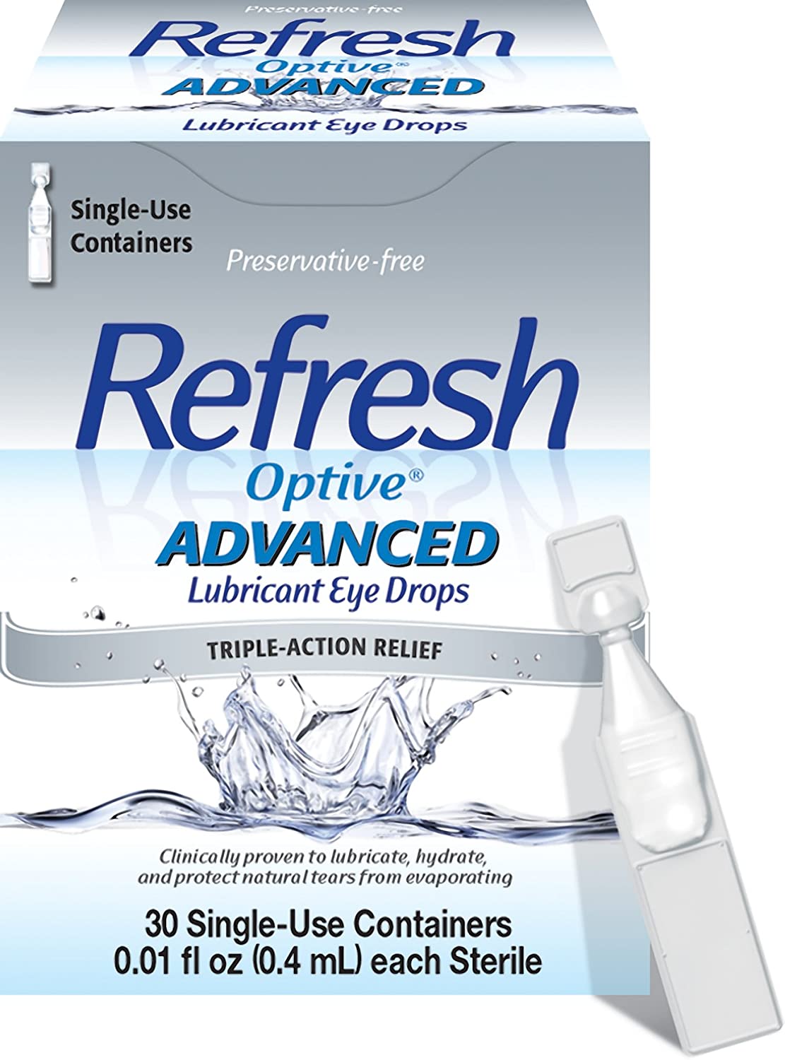 Refresh Optive Advanced Lubricant Eye Drops Triple-Action Relief, 30 Single-Use Containers 0.4 ml each