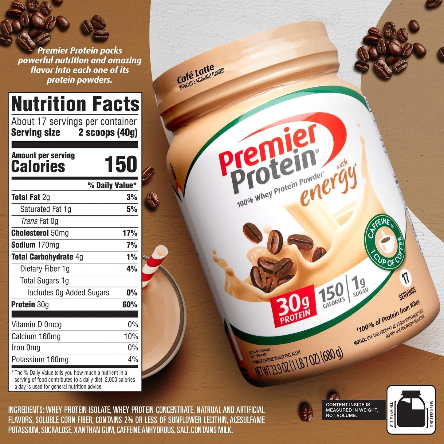 Premier Protein Powder Cafe Latte 100% Whey Protein 17 Servings, 680 g / 23.9 oz