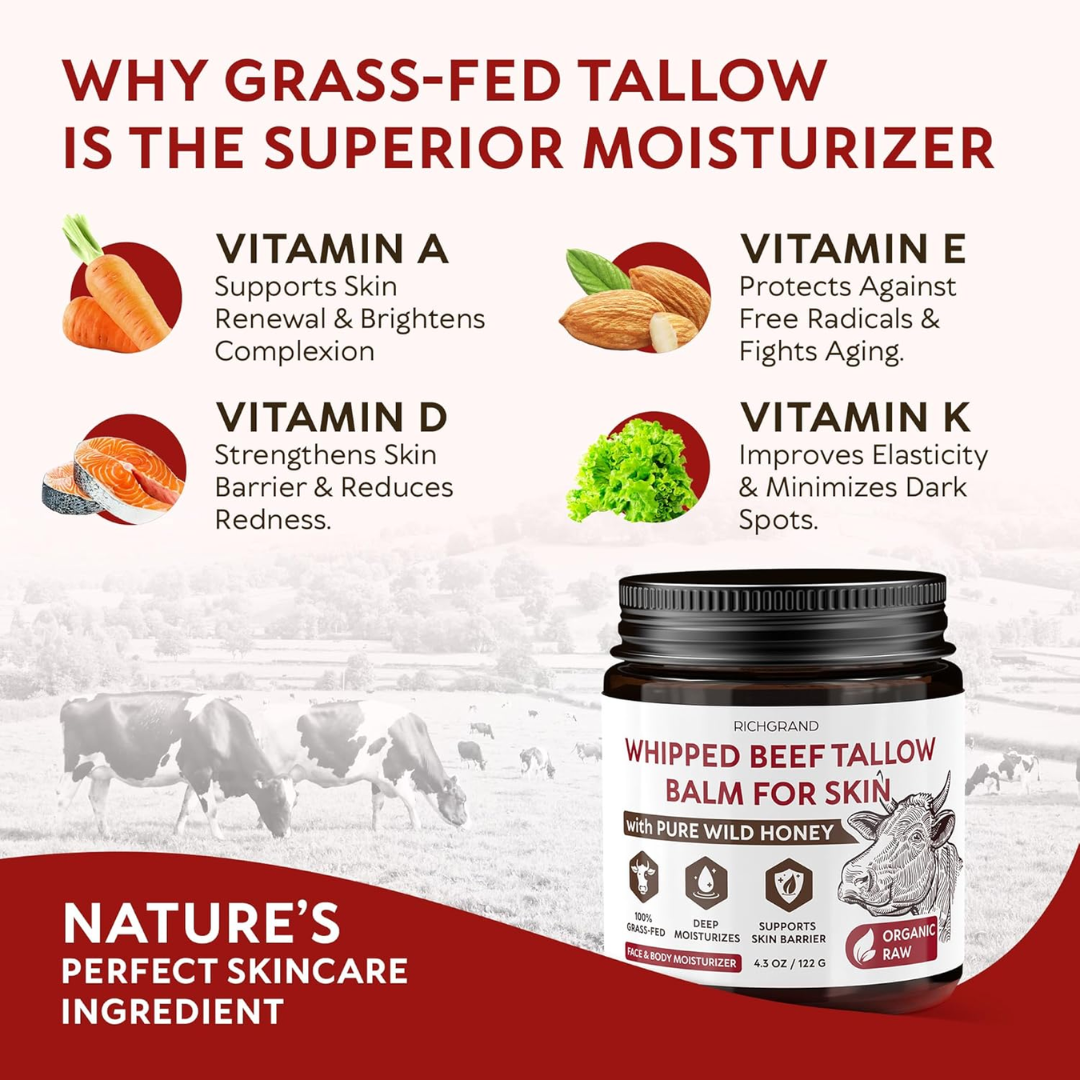 Richgrand Whipped Beef Tallow Balm for Skin Moisturizer, 4.3 oz / 122 g