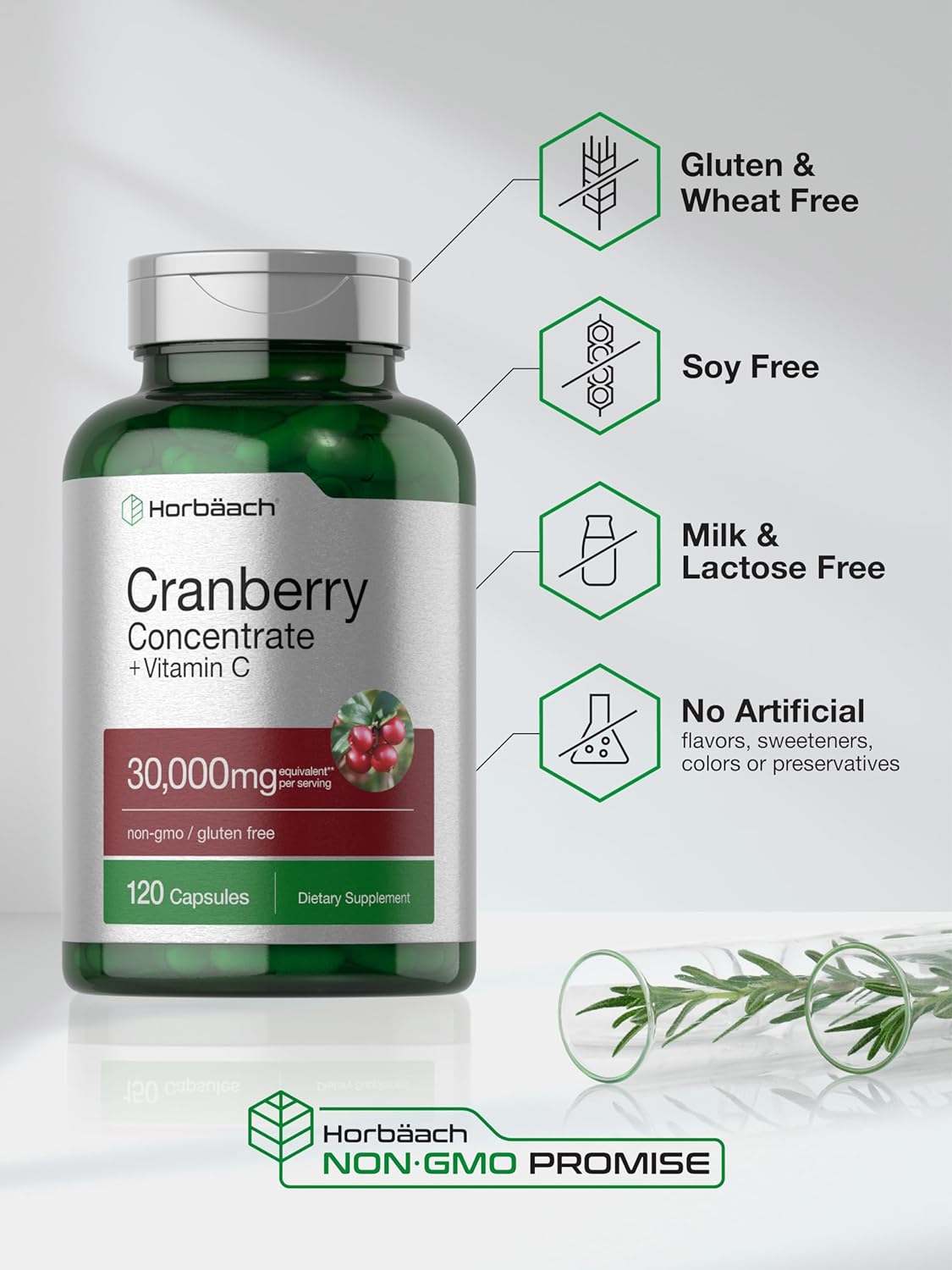 Horbaach Cranberry Concentrate + Vitamin C 30,000mg Supplement 120 Capsules
