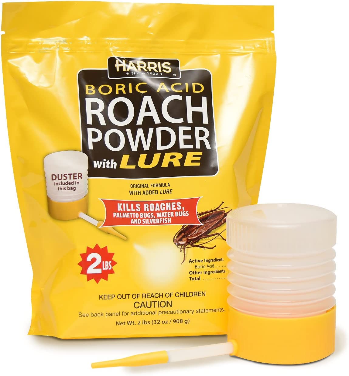 Harris Boric Acid Roach Powder with Lure Original Formula, 2lbs / 32 oz, Duster Included