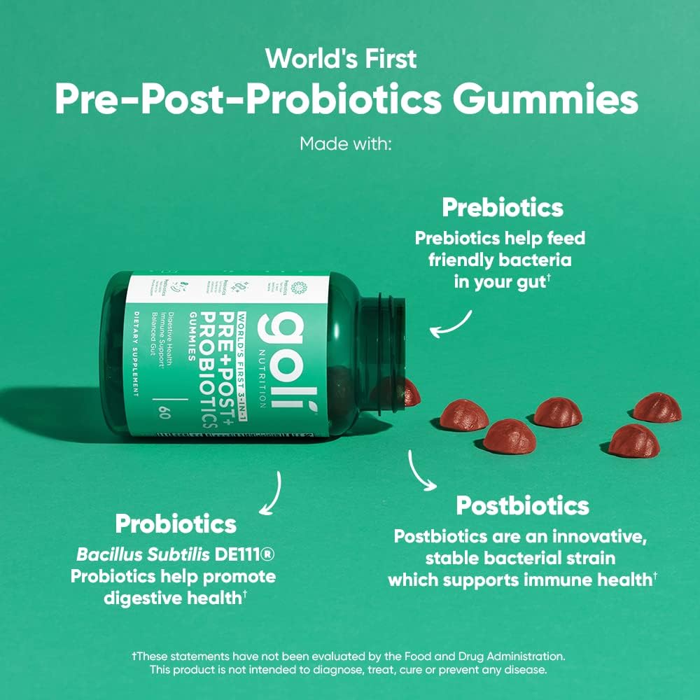 Goli Nutrition World's First 3 In 1 Prebiotics Postbiotics Probiotics Digestive Health 60 Gummies