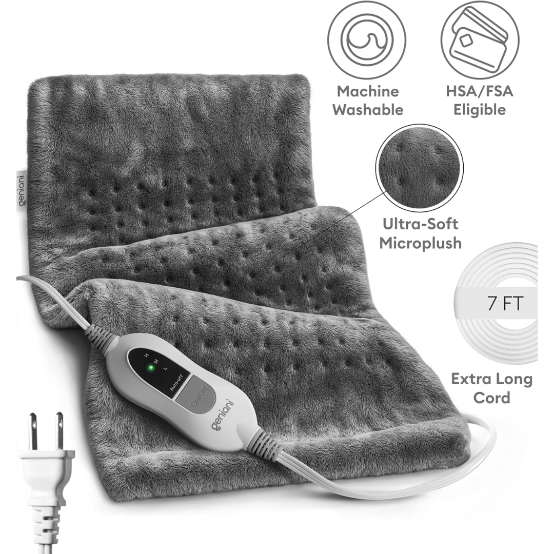 Geniani XL Electric Heating Pad, Soft Heat Pad for Moist & Dry Therapy (Tabby Gray) NO BOX