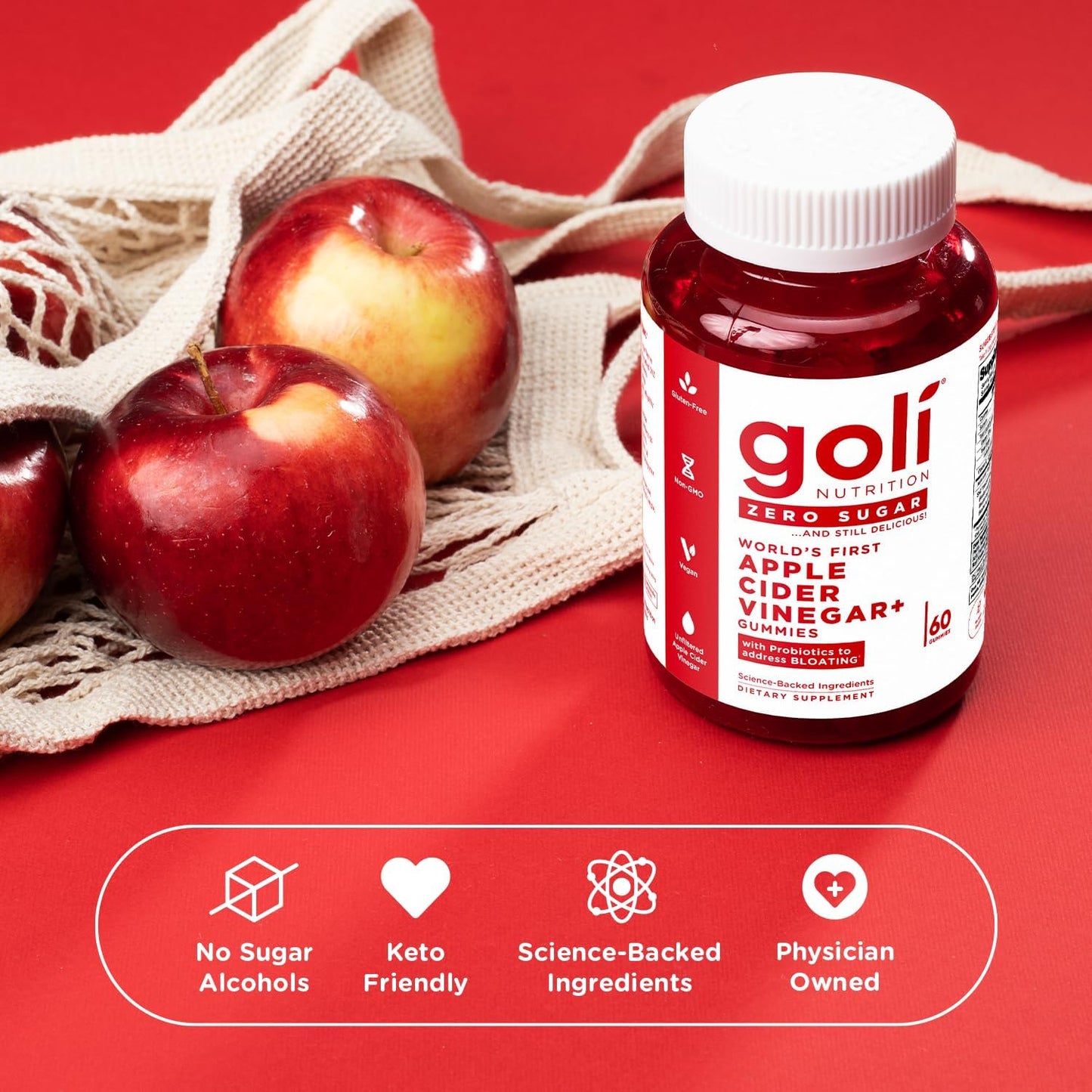 Goli Nutrition Zero Sugar World's First Apple Cider Vinegar Gummies, 60 Gummies