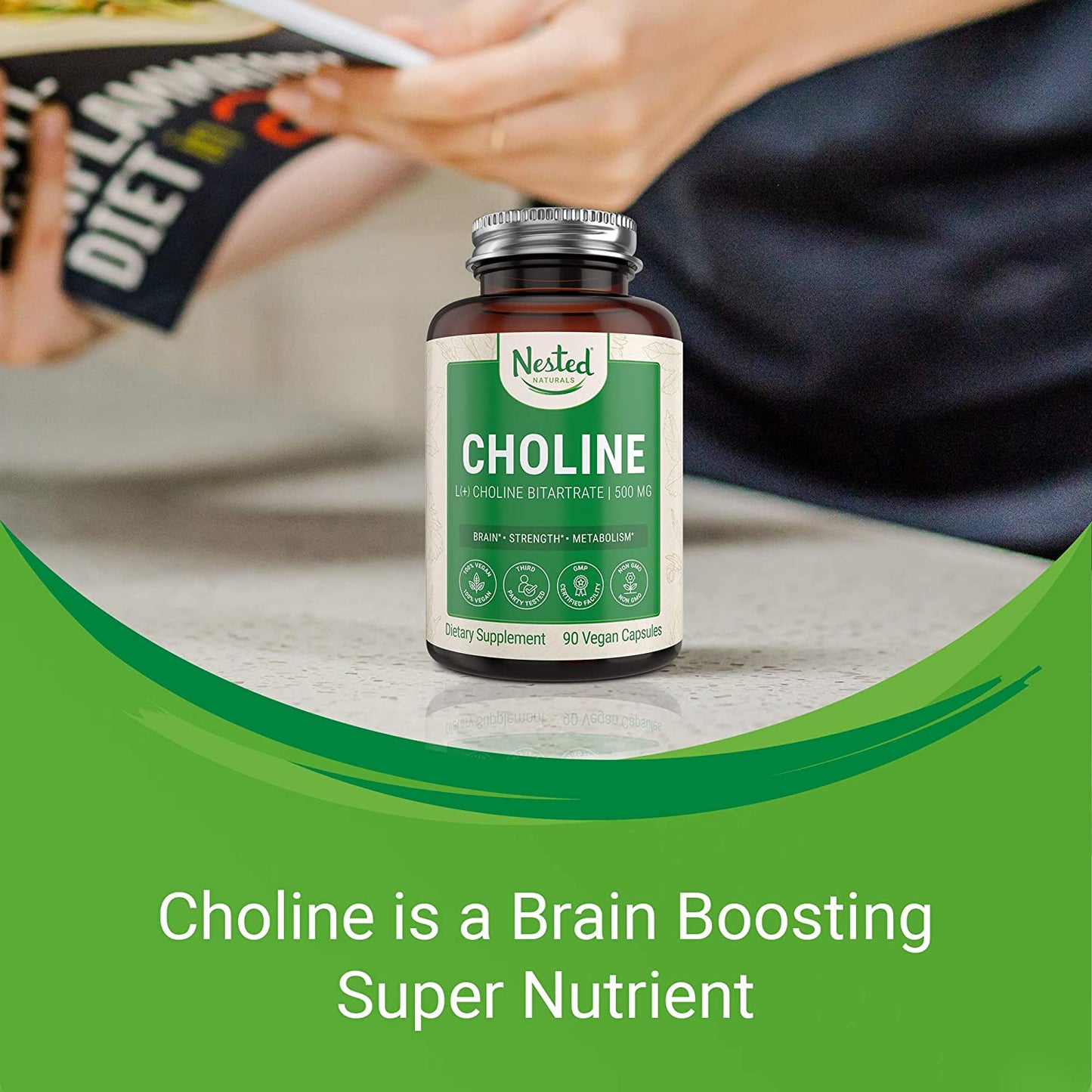Nested Naturals Choline Bitartrate 500mg, 90 Capsules, Promotes Brain Health, Mental Focus & Memory