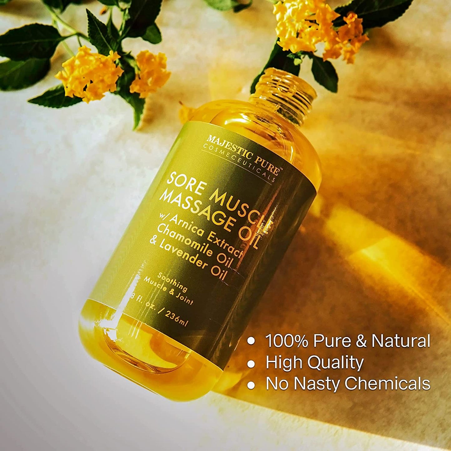 Majestic Pure Sore Muscle Massage Oil with Arnica Extract Chamomile and Lavender Extract (236 ml)