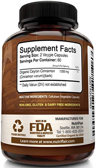 NutriFlair Ceylon Cinnamon 1200mg per Serving - 120 Vegetable Capsules