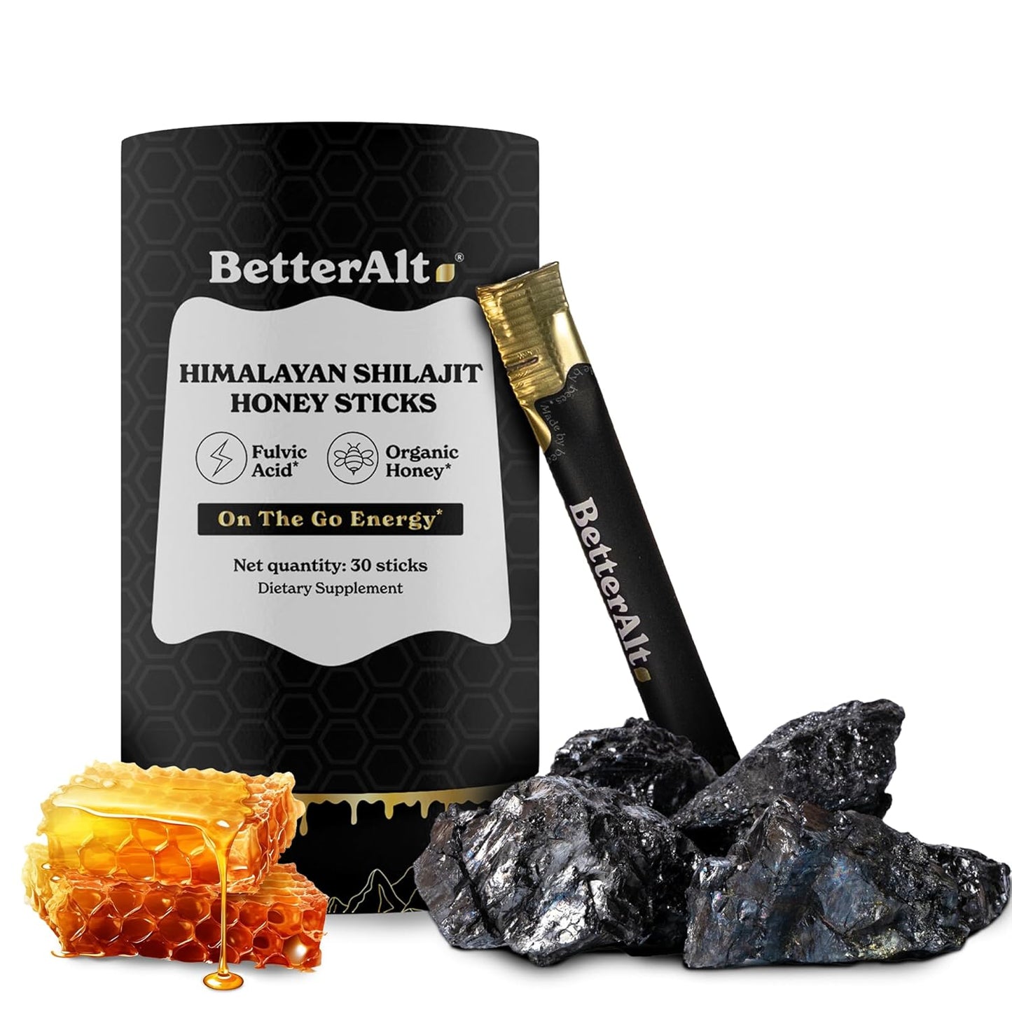 BetterAlt Himalayan Shilajit Honey Sticks Dietary Supplement, 30 Sticks