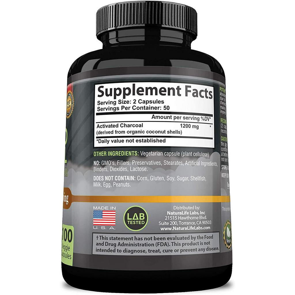 NaturaLife Labs Activated Charcoal Capsules, 1,200 mg, Derived From Coconut Shell, 100 Capsules