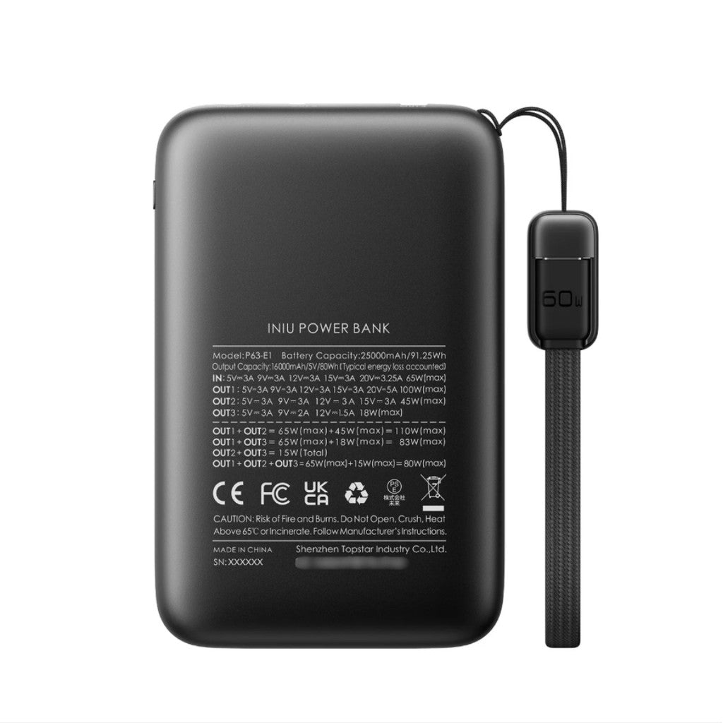 INIU P63 100W Fast Charging Power Bank 25000mAh, Black