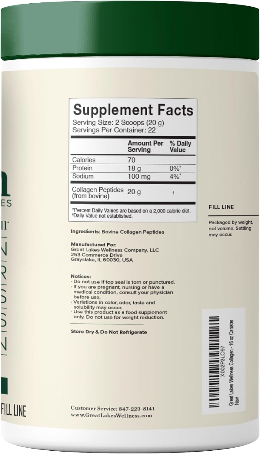 Great Lakes Wellness Quick Dissolve Collagen Peptides (Unflavored) 16 oz/454g