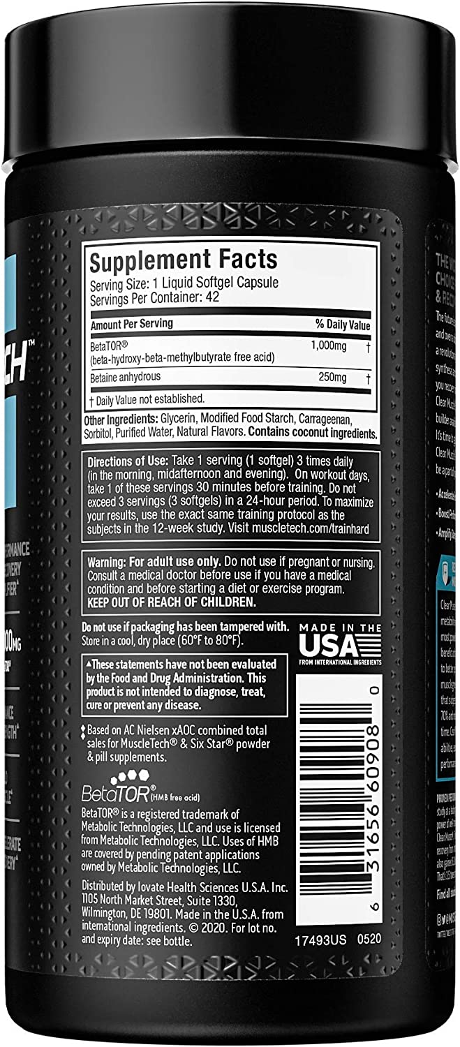 Muscletech Clear Muscle HMB Free Acid For Lean Muscle & Recovery 1,000mg BetaTor / 42 Liquid Softgels