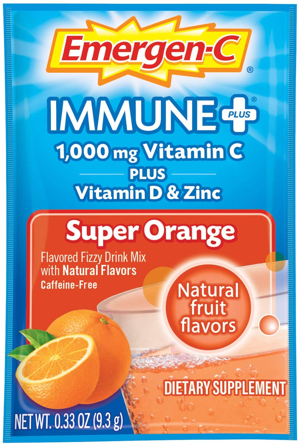 Emergen-C Immune+ 1000mg Vitamin C + Vitamin D & Zinc, Triple Action Formula, Super Orange Flavor, 30 Packets