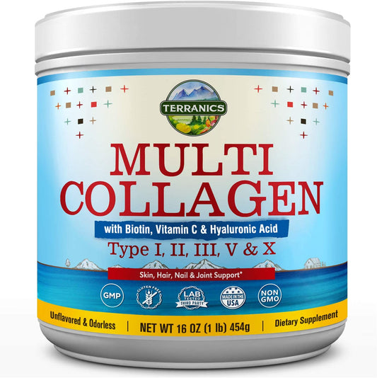 Terranics Multi Collagen with Biotin Vitamin C & Hyaluronic Acid Type I II III V & X Dietary Supplement 16 Oz