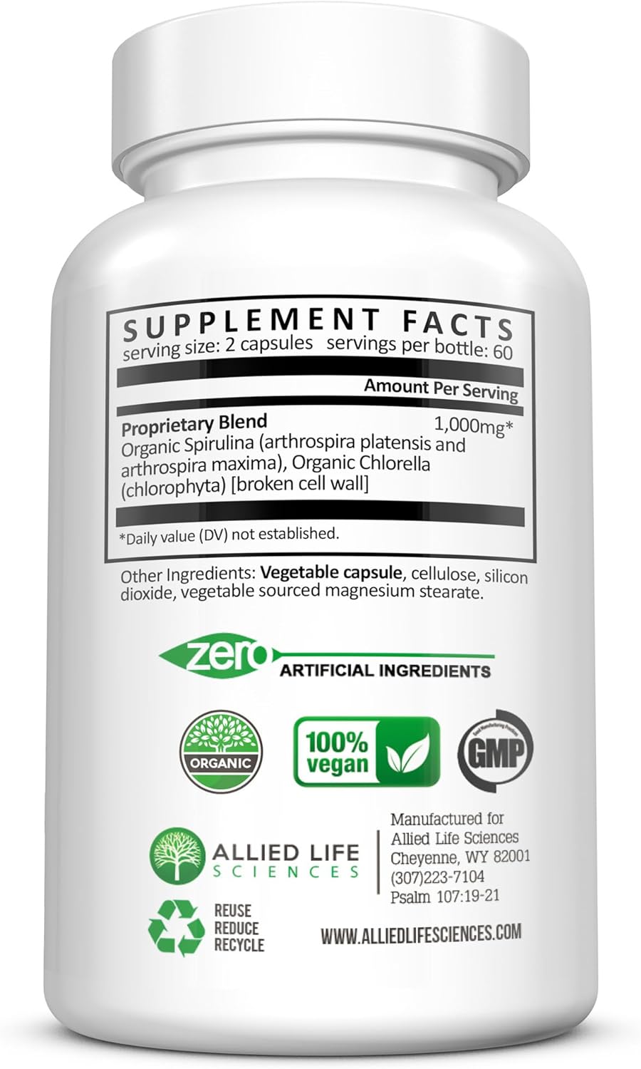 Allied Life Spirulina  & Chlorella Organic Supergreens Supplement 120 Capsules