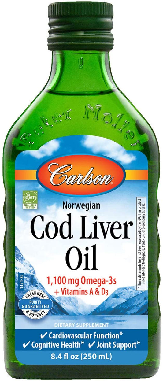 Carlson Cod Liver Oil, 1100 mg Omega-3s + A & D3, Wild-Caught Norwegian Arctic Cod-Liver Oil, Sustainably Sourced Nordic Fish Oil Liquid, Unflavored, 250 mL (8.4 Fl Oz)