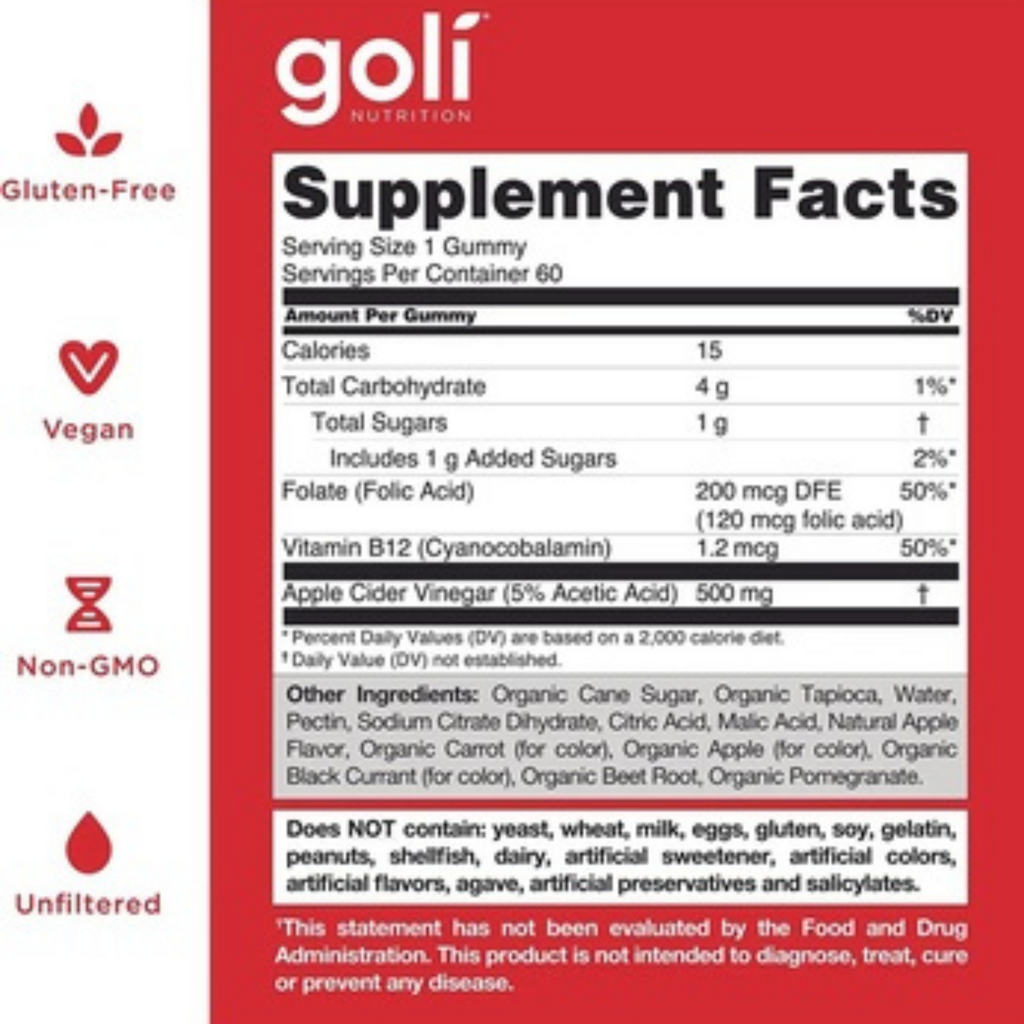 Goli Apple Cider Vinegar Gummies 60 ct Vegan, Organic, Non GMO, 4 Bottles