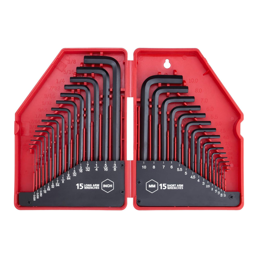 EFFICERE 30-Piece Premium Hex Key Allen Wrench Set, L Shape - 0.028-3/8 inch 0.7-10 mm In Storage Case