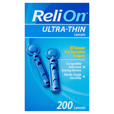 ReliOn Ultra Thin Lancets 30 Gauge for Sensitive Fingers, 200 Lancets