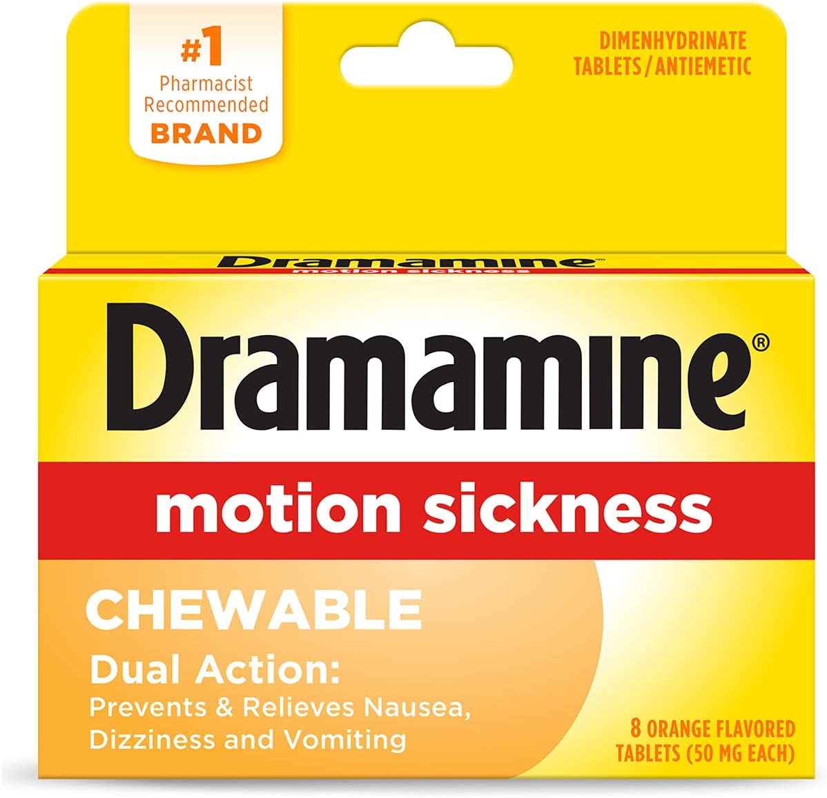 Dramamine Motion Sickness Chewable Dual Action 8 Orange Flavored Tablets