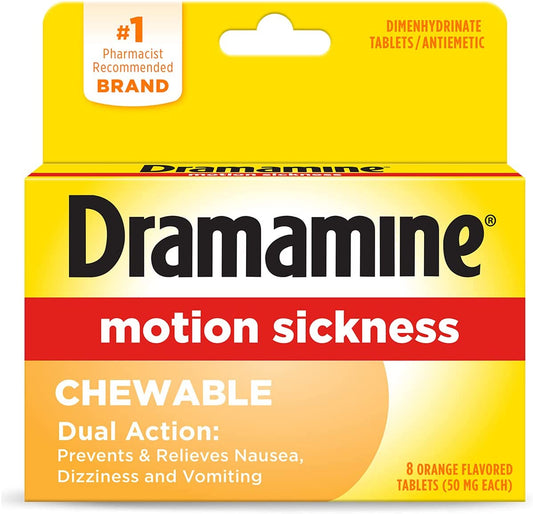 Dramamine Motion Sickness Chewable Dual Action 8 Orange Flavored Tablets