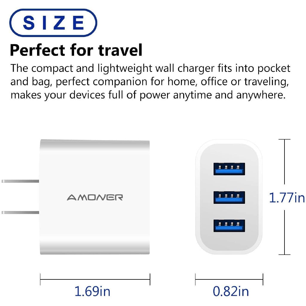 2-Pack -  Amoner Wall Charger Upgraded 15W 3-Port USB Plug Cube Portable for Smart Devices