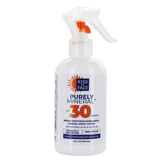 Kiss My Face Purely Mineral Sun Spray Sunscreen Lotion SPF 30 Sunblock Aloe and Olive Oil, 8 oz