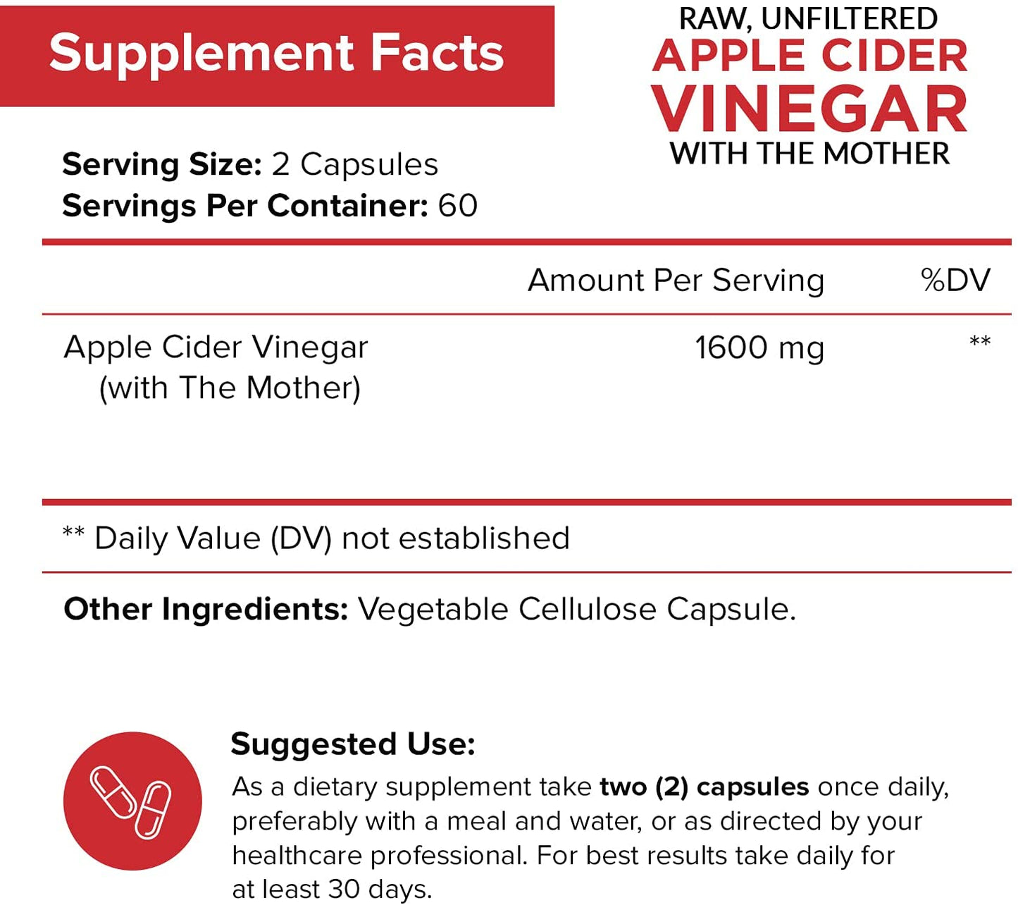 NutriFlair Raw, Unfiltered Apple Cider Vinegar with Mother 1600mg Supplement -120 Vegetable Capsule