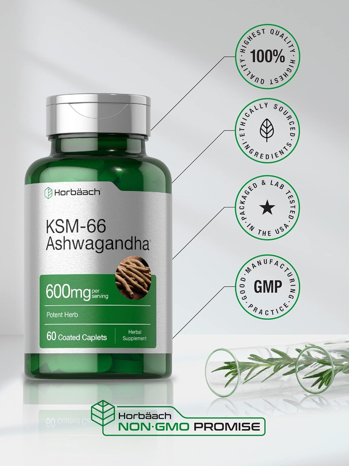 Horbaach KSM-66 Ashwagandha 600mg Potent Herb 60 Coated Caplets