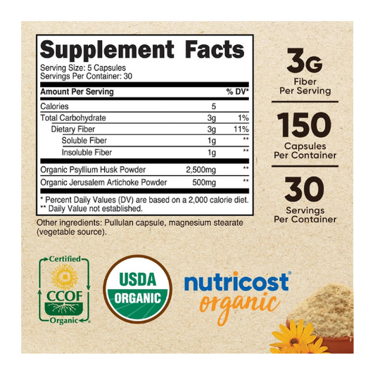 Nutricost Fiber Made With Organic Psyllium Husk & Organic Jerusalem Artichoke 3g, 150 Capsules