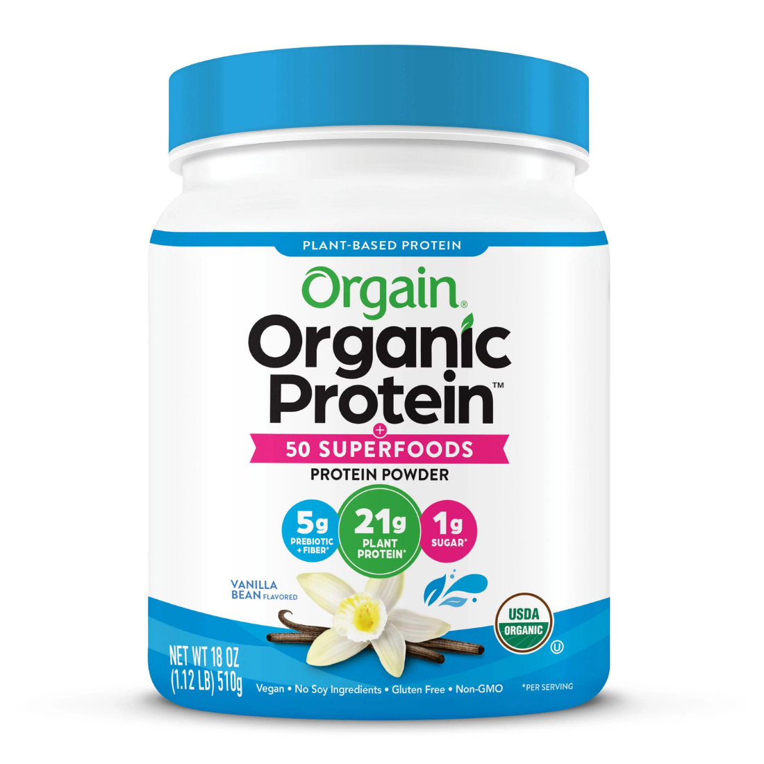 Orgain Organic Protein Powder, Vanilla Bean - 1.12 lbs / 510 g