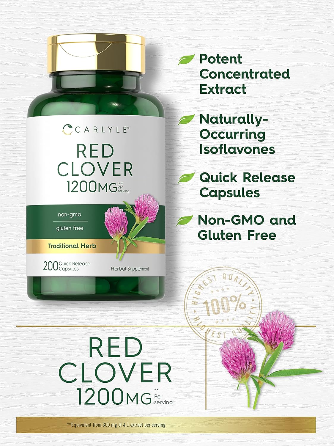 Carlyle Red Clover 1200mg Herbal Supplement 200 Capsules