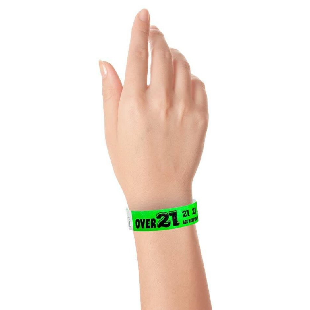 WristCo Over 21 Neon Green 3/4" Tyvek Paper Wristbands for Events, Pack of 200