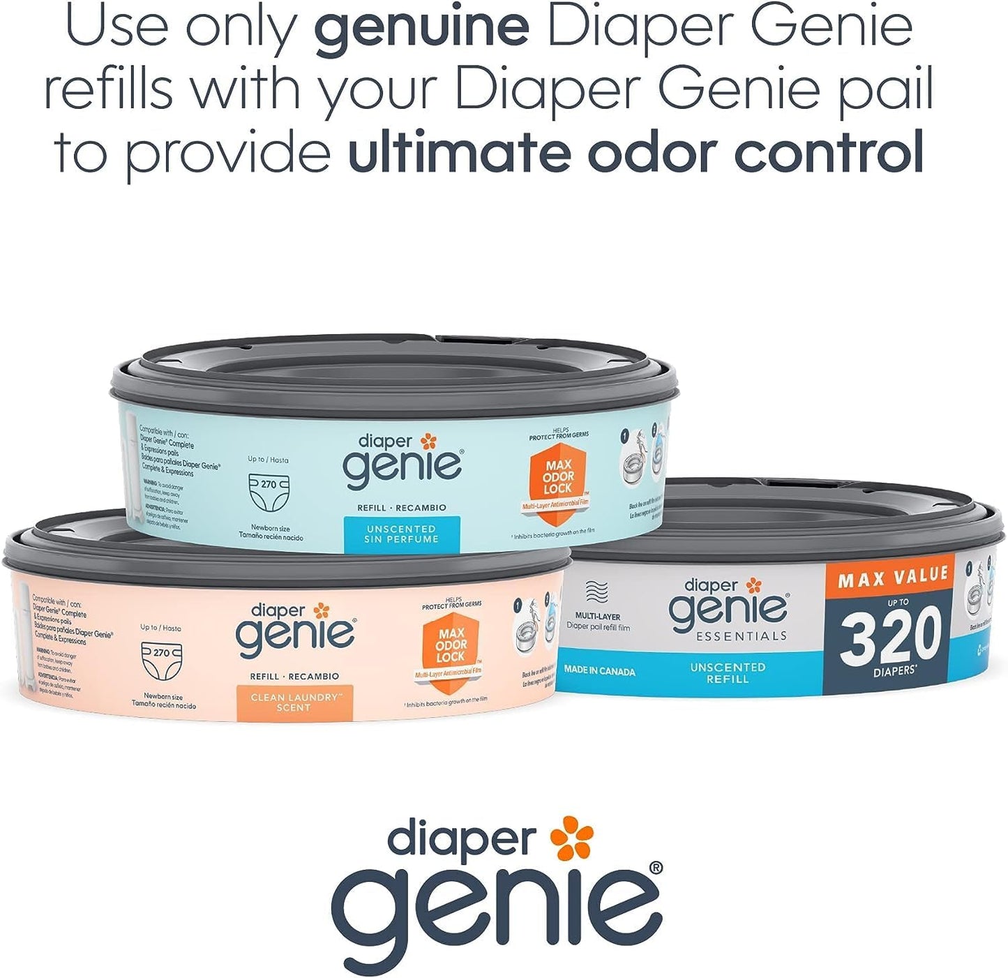 Genie Essentials Multi-Layer Diaper Pail Refill Film Unscented Refill 320 Diapers Each (4 Pack)