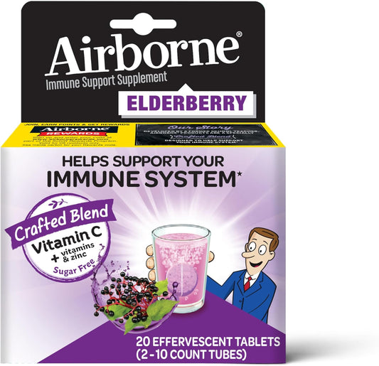 Airborne Immune Support Crafted Blend Vitamin C, Elderberry Flavor, 20 Efferdent Tablets