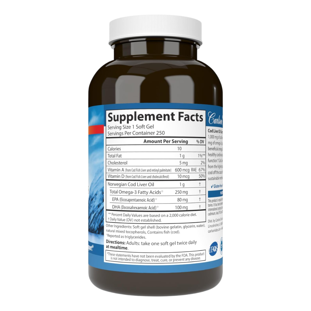 Carlson Wild Norwegian Cod Liver Oil Gems Super 1,000 mg with 10 mcg (400 IU) D3, 250 Soft Gels