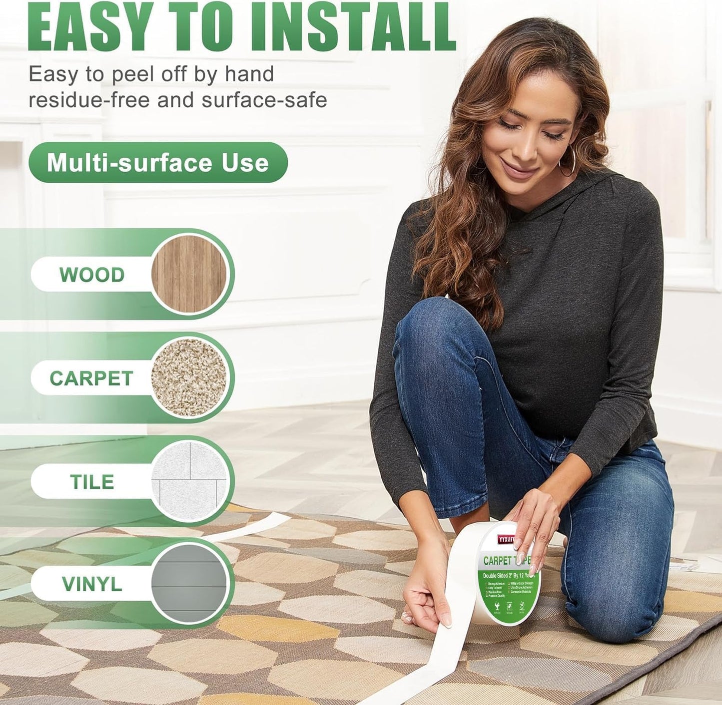 YYXLIFE Double Sided Carpet Tape for Hardwood Floors, Heavy Duty Sticky Tape ( White )