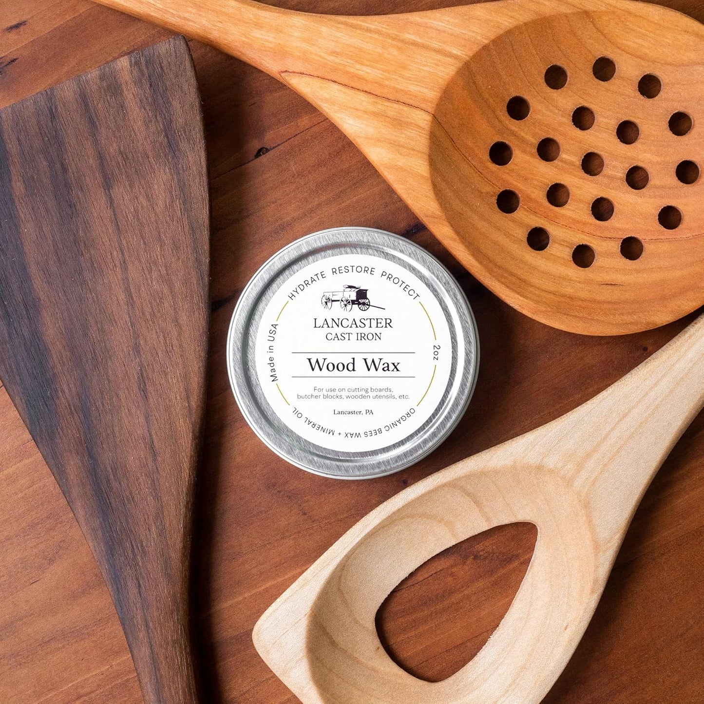 Lancaster Cast Iron Wood Wax for Cutting Boards, Blocks and Wooden Utensils, 2 oz.