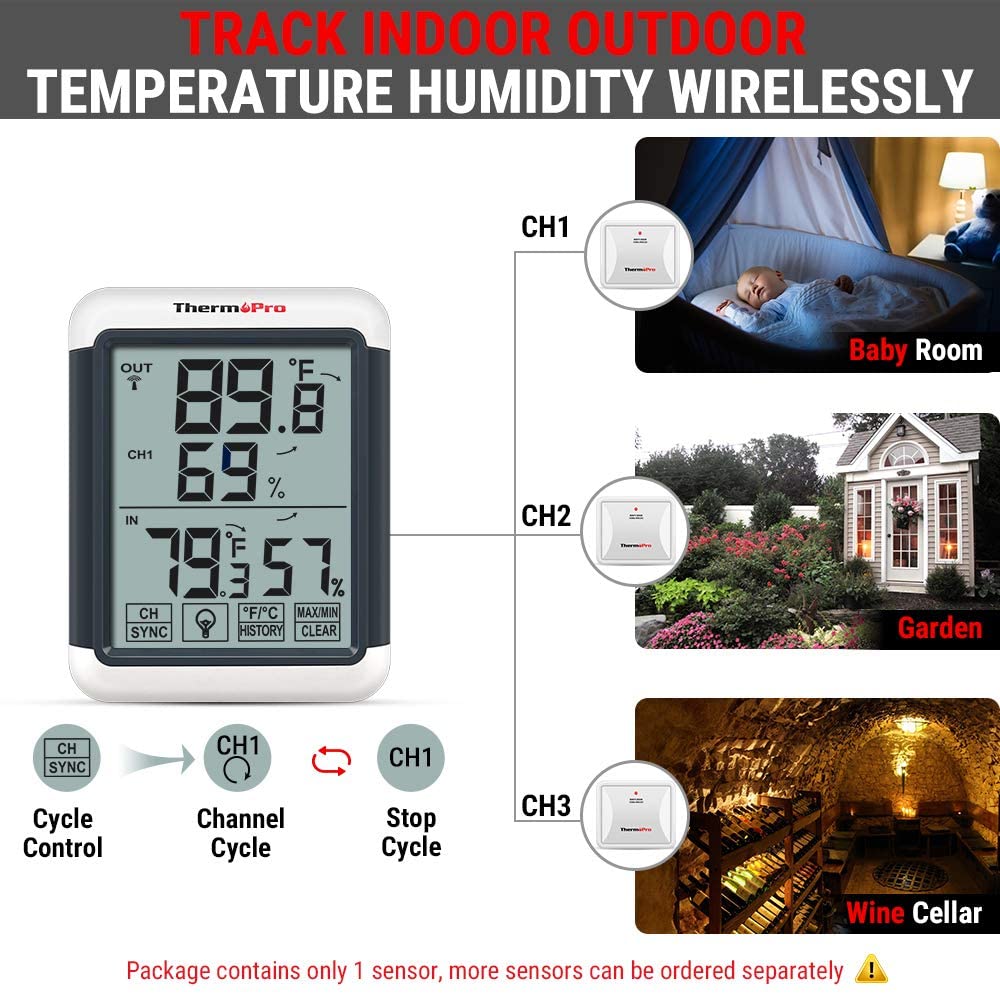 ThermoPro (TP65) Indoor Outdoor Thermometer Digital Wireless Hygrometer Touchscreen, 1 Count
