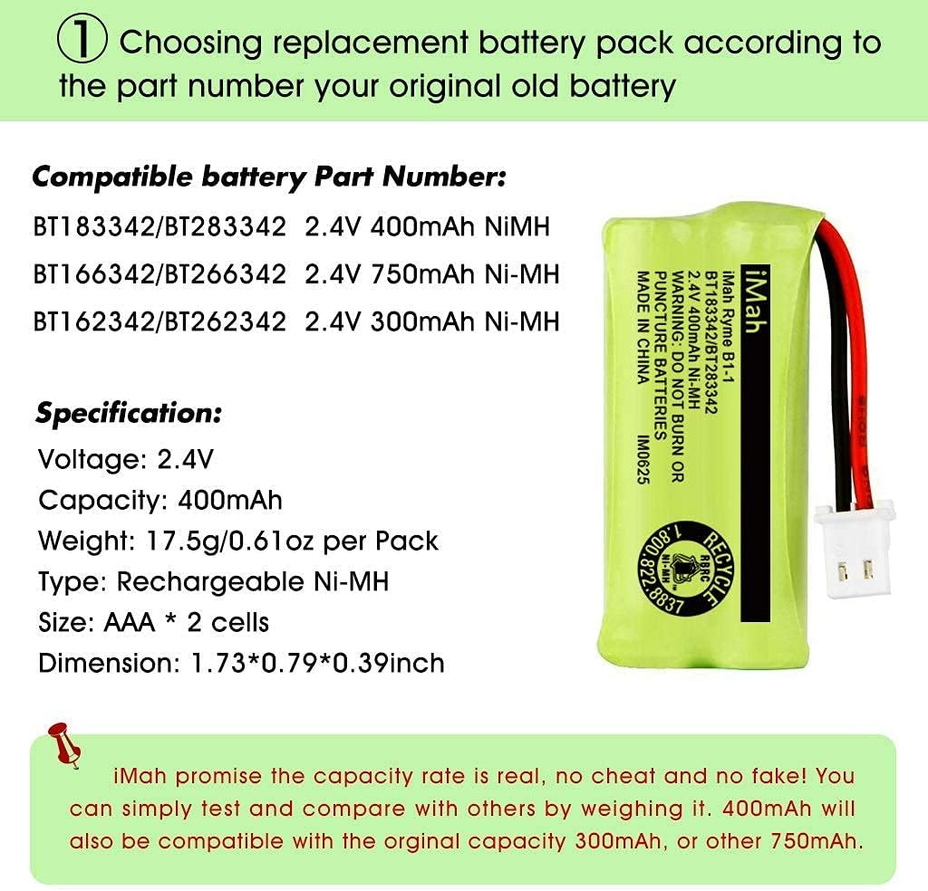 IMah Ryme B1-1 Cordless Phone Battery, 2.4V 400mAh Ni-MH, BT183342/BT283342 - 2 Pack