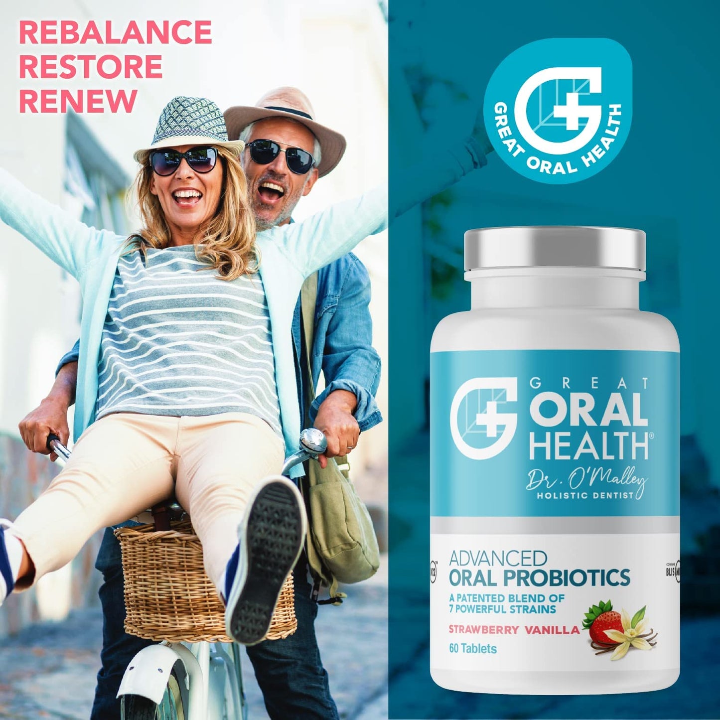 Great Oral Health Advanced Oral Probiotics Dentist Developed Strawberry Vanilla Flavor 60 Tablets