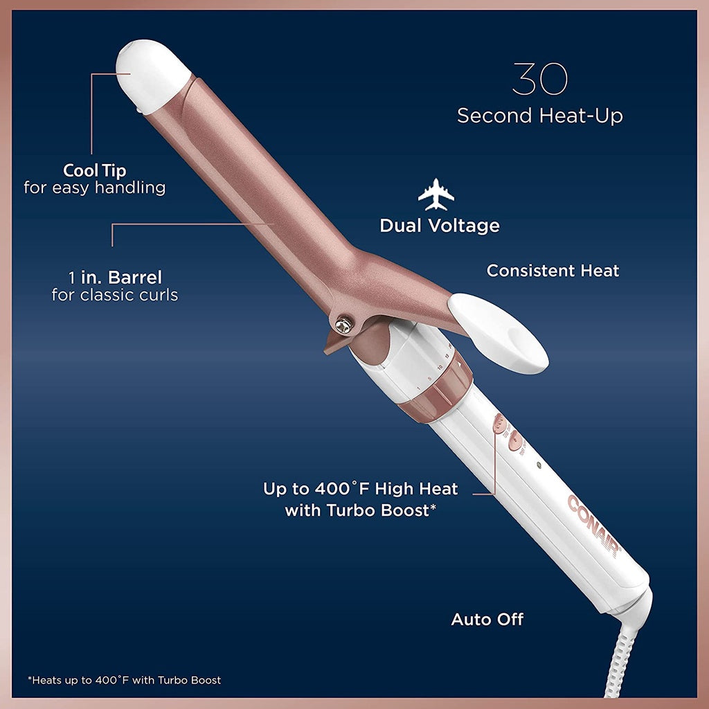 Conair Double Ceramic 1" Curling Iron with Cool Tip for Easy Handling, Dual Voltage, White/Rose Gold