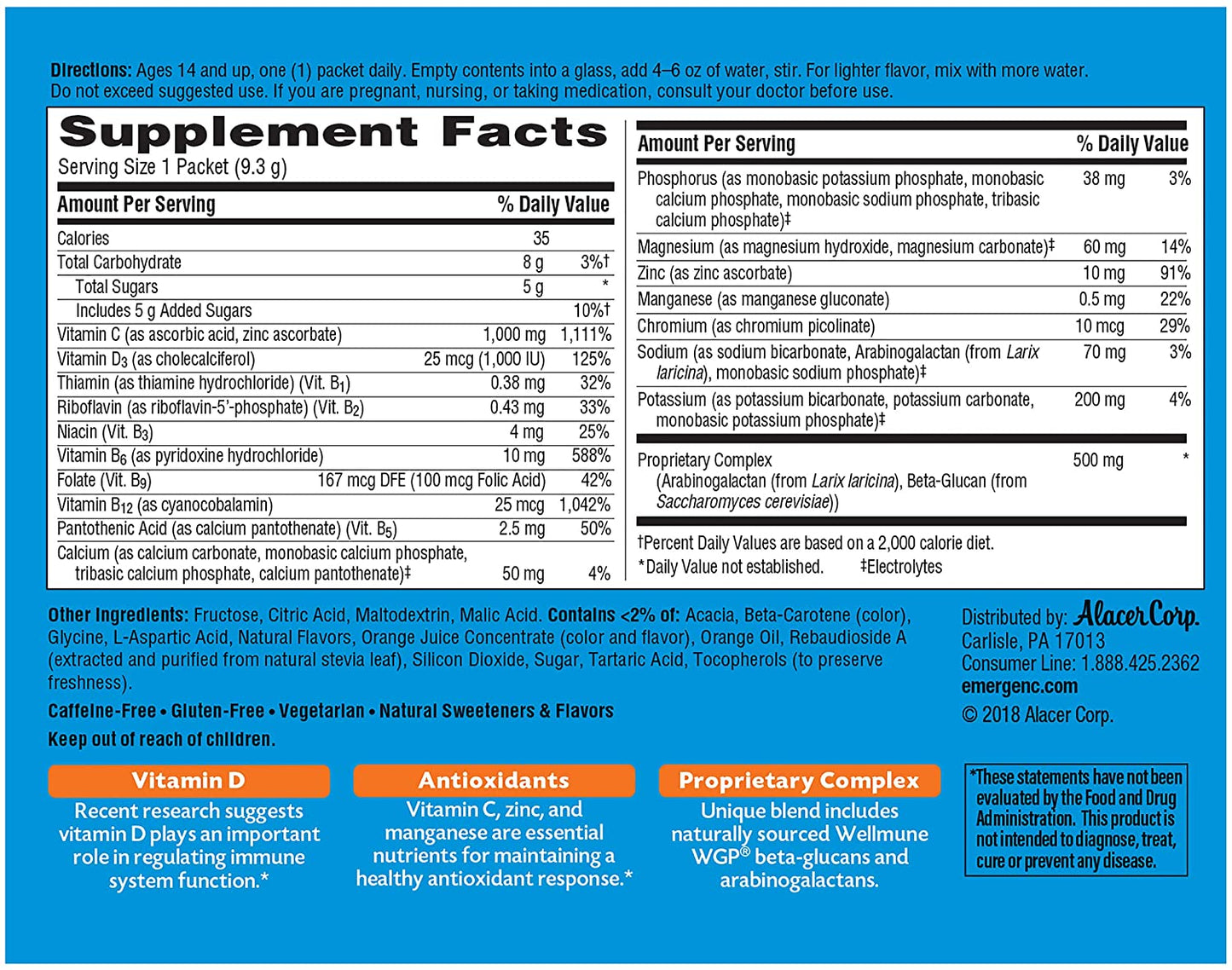 Emergen-C Immune+ 1000mg Vitamin C + Vitamin D & Zinc, Triple Action Formula, Super Orange Flavor, 30 Packets