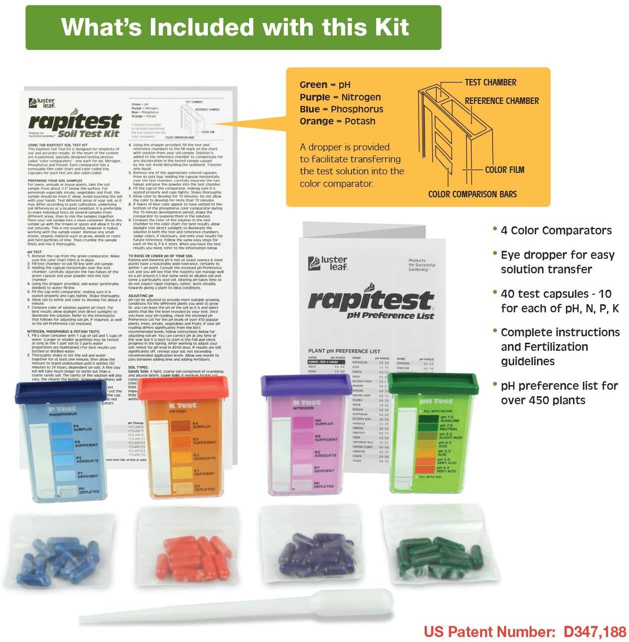 Luster Leaf 1601 Rapitest Test Kit for Soil pH, Nitrogen, Phosphorous and Potash, 40 Tests